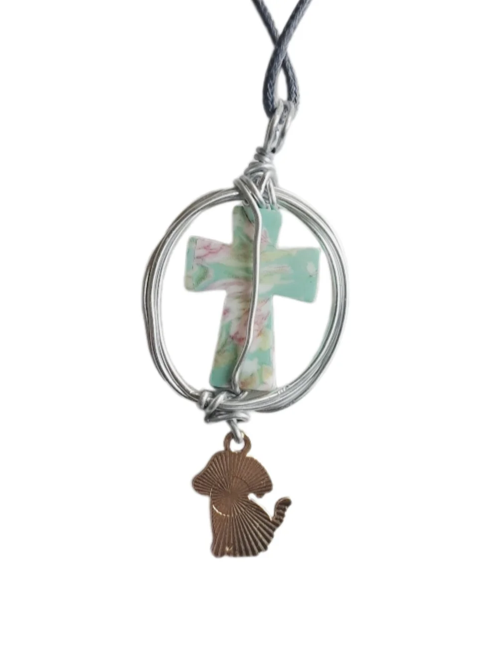 Floral Mint Cross Pendant & Colorful Puppy Charm w/ Cord Necklace| NWOT